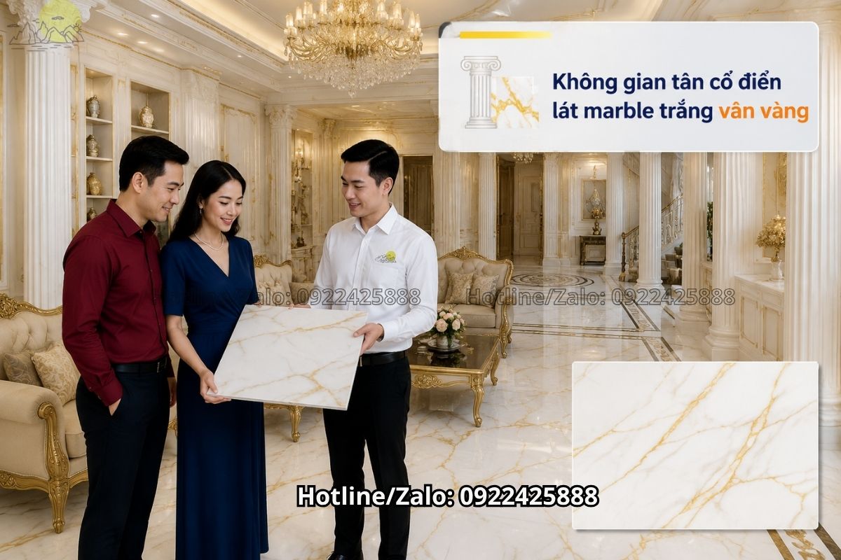 Marble lát sàn trắng vân vàng cho không gian tân cổ điển sang trọng