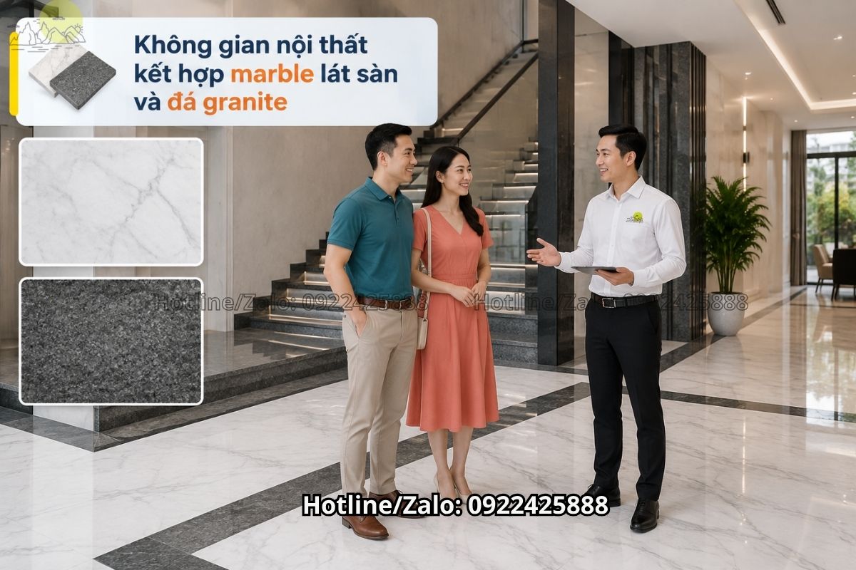 Marble lát sàn kết hợp đá granite tạo điểm nhấn sang trọng cho nội thất