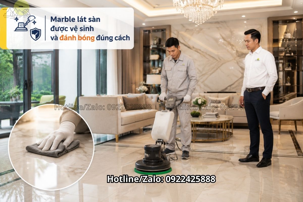 Marble lát sàn sạch bóng sau khi vệ sinh và đánh bóng định kỳ