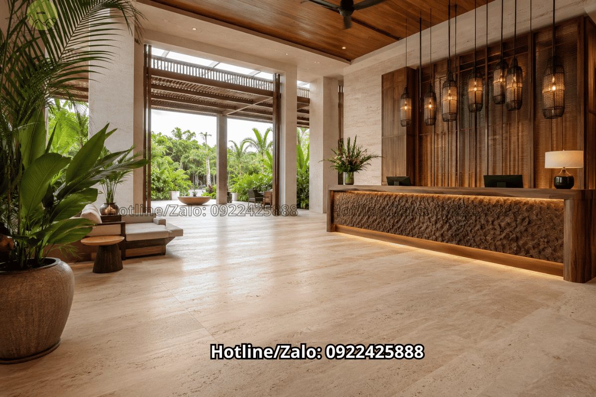 Travertine lát sàn resort khu vực lễ tân sang trọng