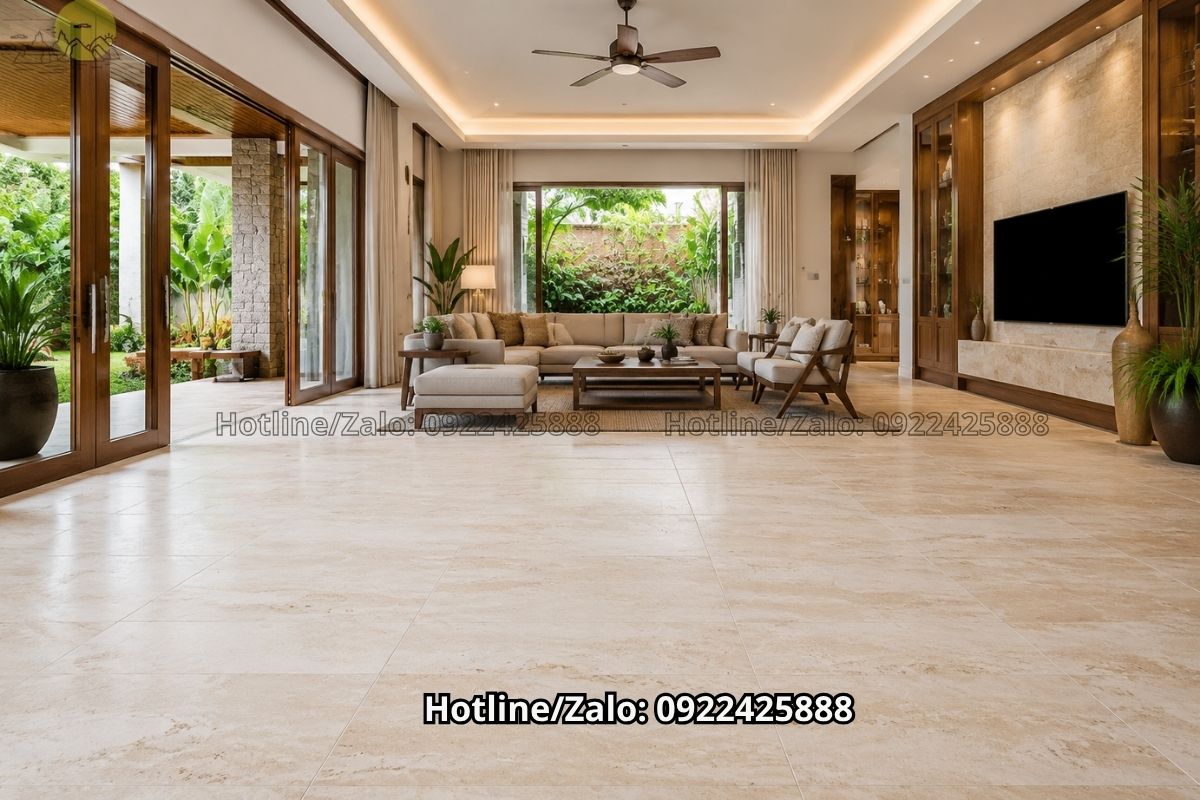 Travertine lát sàn màu kem cho phòng khách biệt thự phong cách châu Âu
