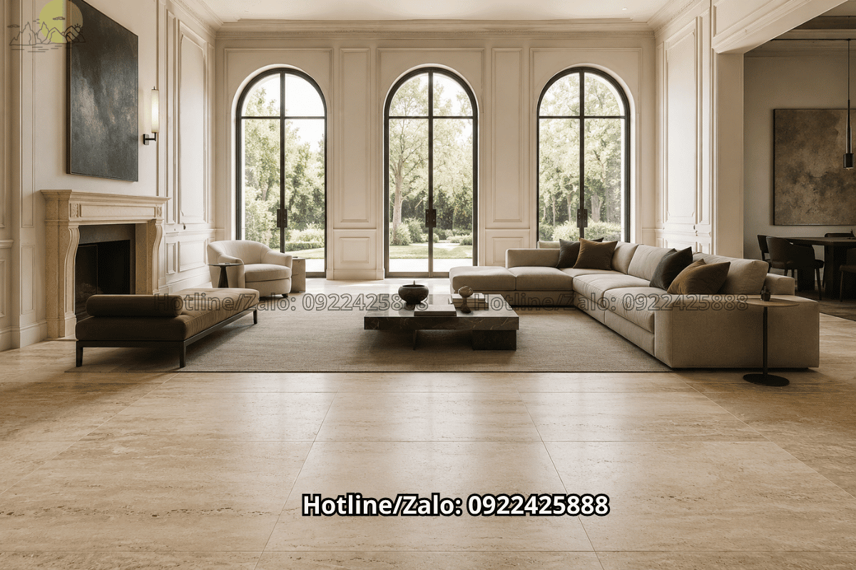 Travertine lát sàn khổ lớn phong cách châu Âu sang trọng