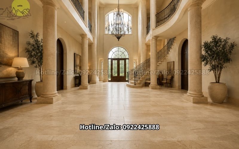Travertine lát sàn đại sảnh biệt thự màu be sang trọng