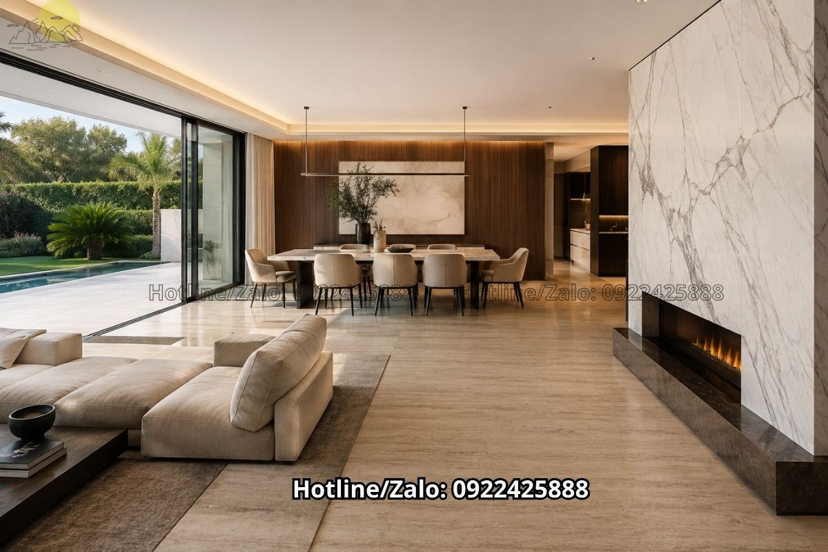 Travertine lát sàn kết hợp đá marble trong biệt thự cao cấp