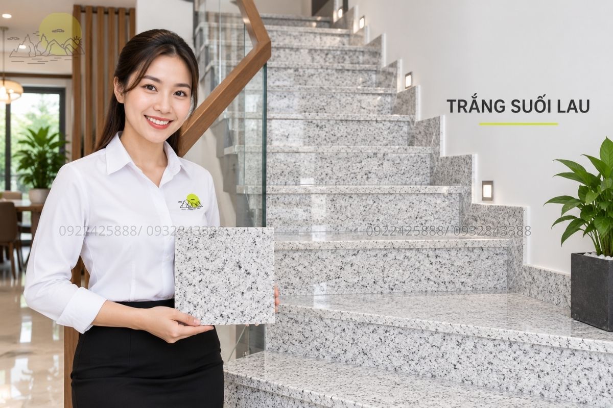 Mẫu đá cầu thang Trắng Suối Lau cho nhà phố hiện đại.