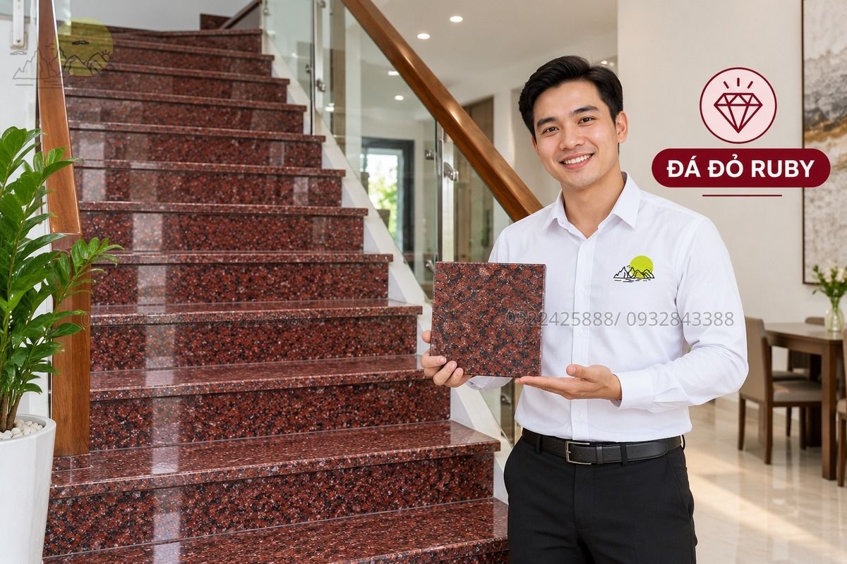 Mẫu đá đỏ Ruby ốp cầu thang.