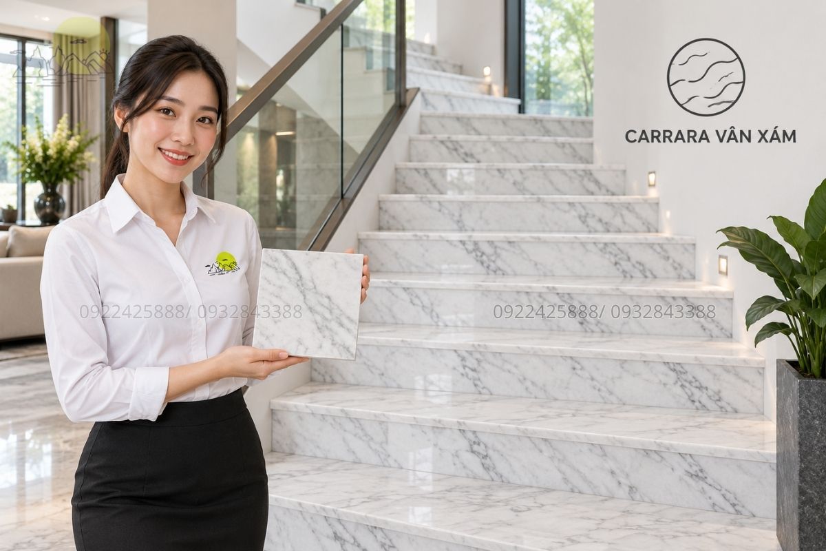 Cầu thang granite xám phong cách hiện đại.