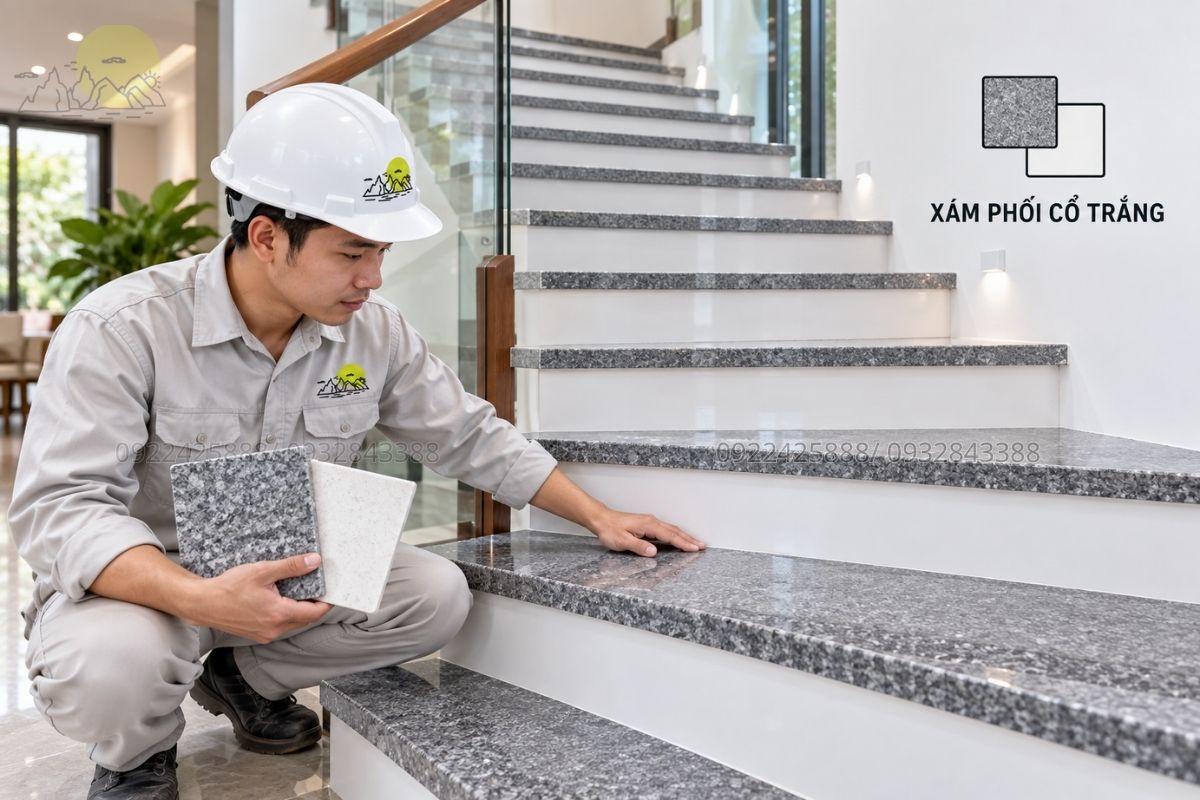 Đá cầu thang xám phối cổ bậc trắng.
