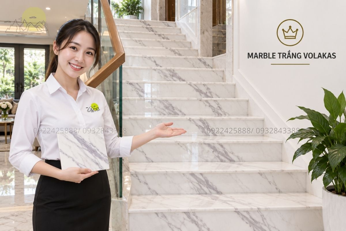 Cầu thang marble Trắng Volakas cao cấp.