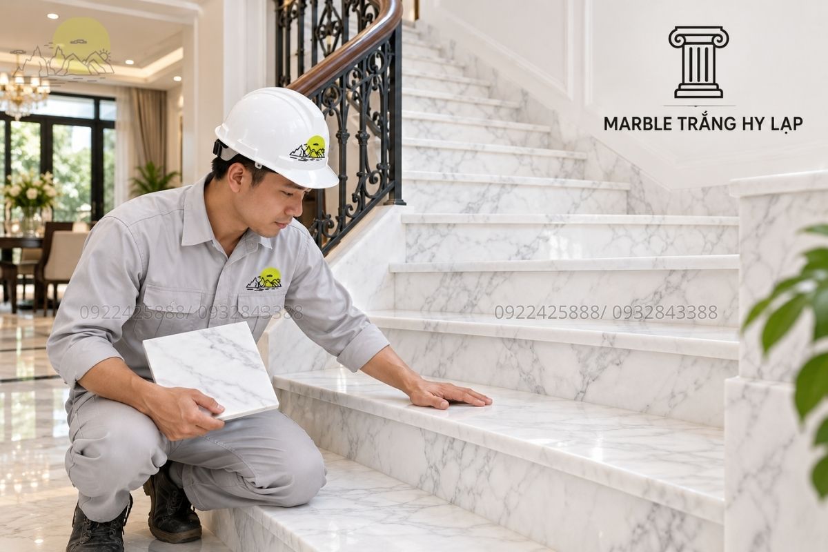 Đá Marble Trắng Hy Lạp ốp cầu thang.