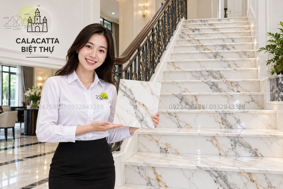 Mẫu đá Calacatta ốp cầu thang biệt thự.