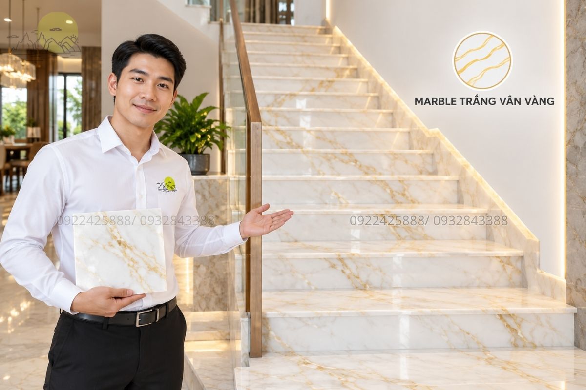 Cầu thang marble trắng vân vàng.