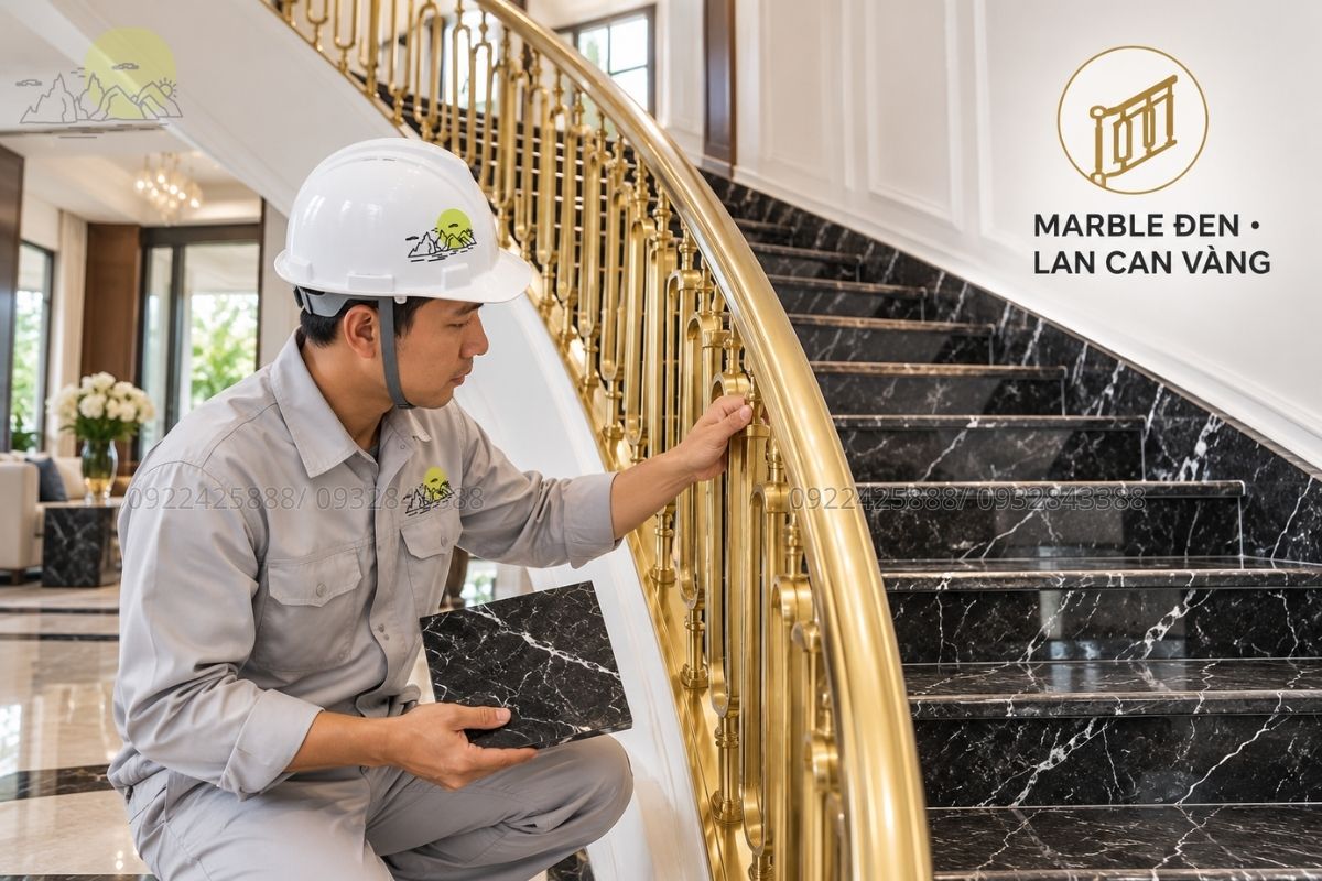 Đá Marble Vàng Ai Cập ốp cầu thang.