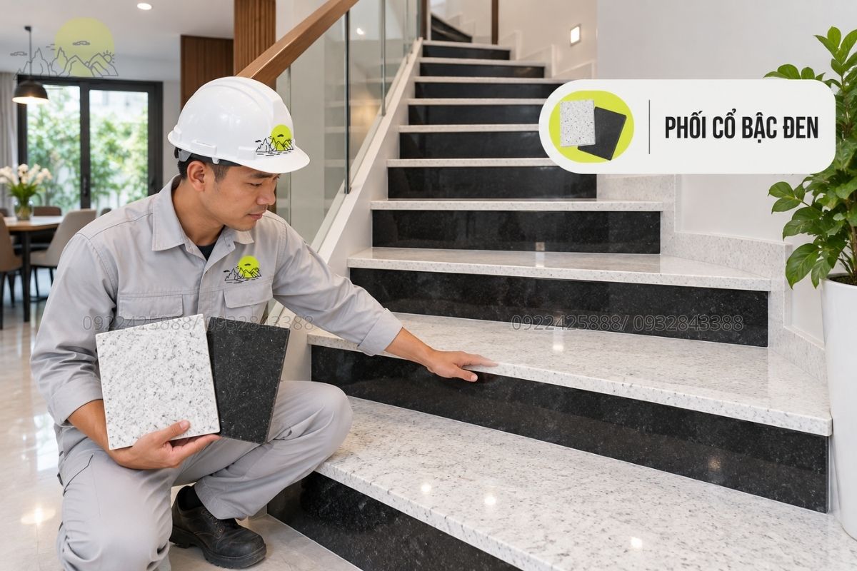 Đá Trắng Suối Lau phối cổ bậc màu đen.