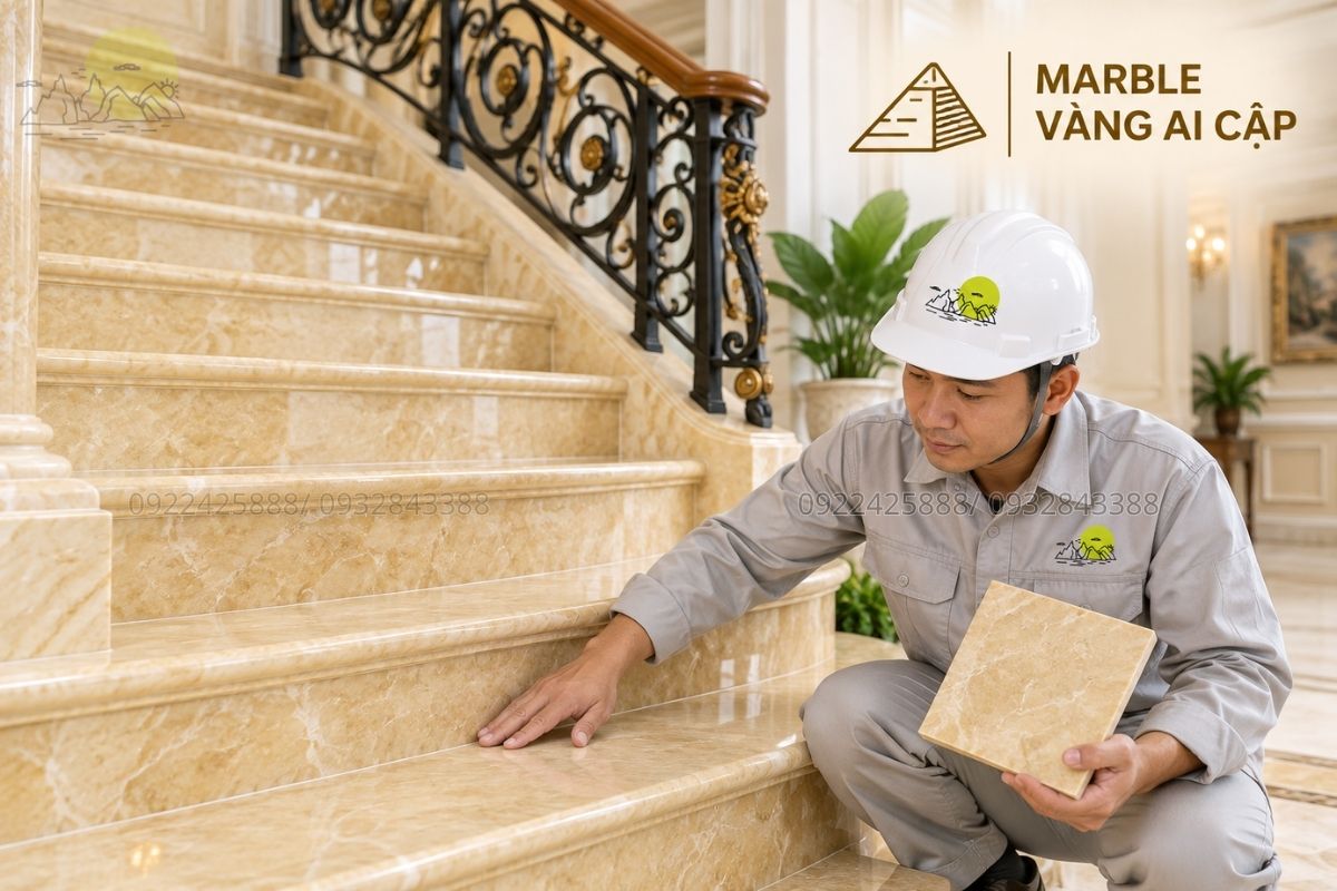 Đá marble đen kết hợp lan can màu vàng.