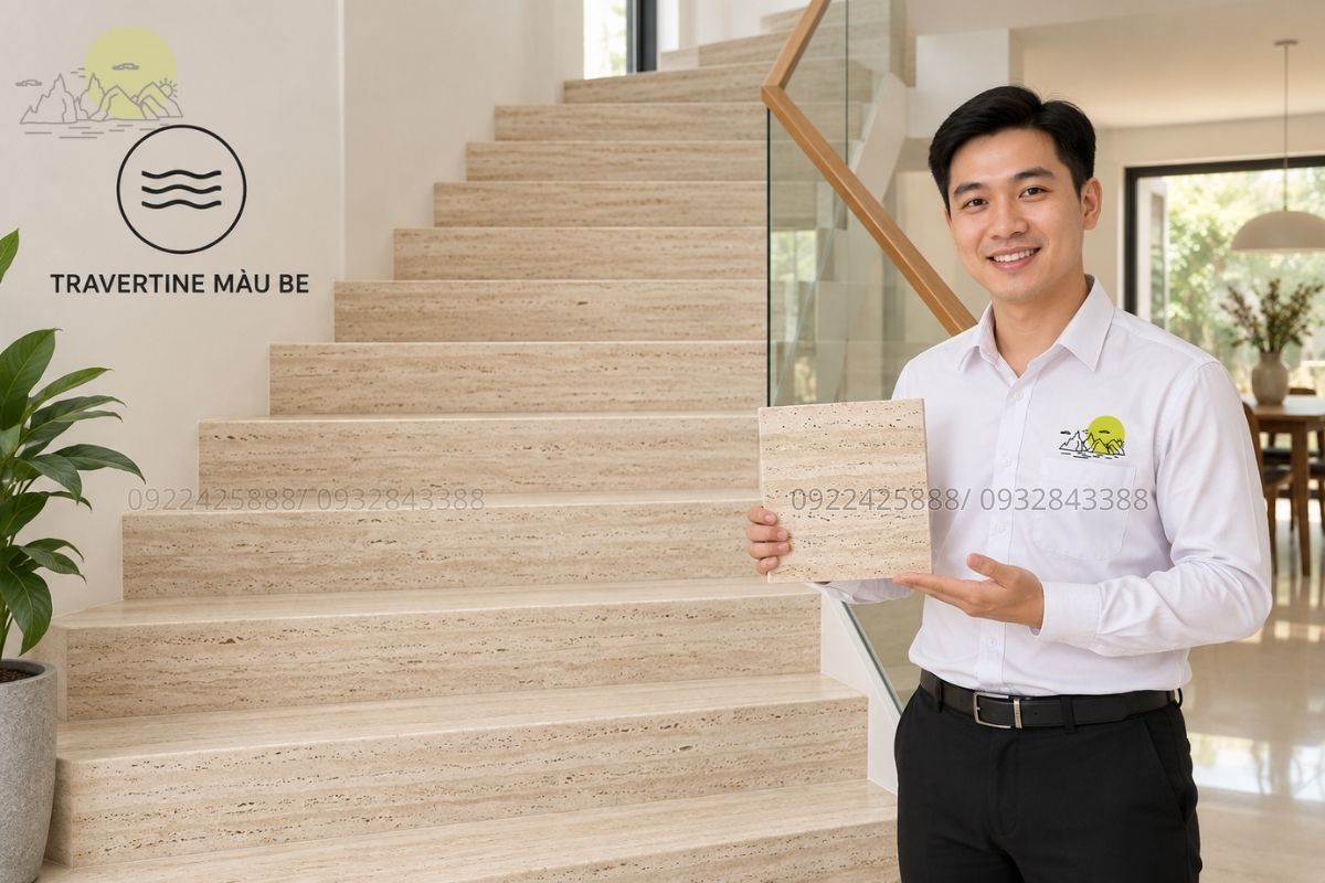 Cầu thang Travertine màu be nhẹ nhàng.