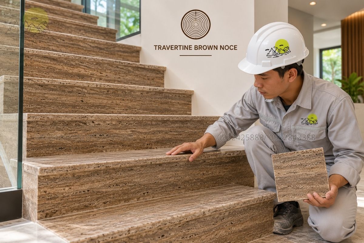 Cầu thang Travertine Brown Noce.