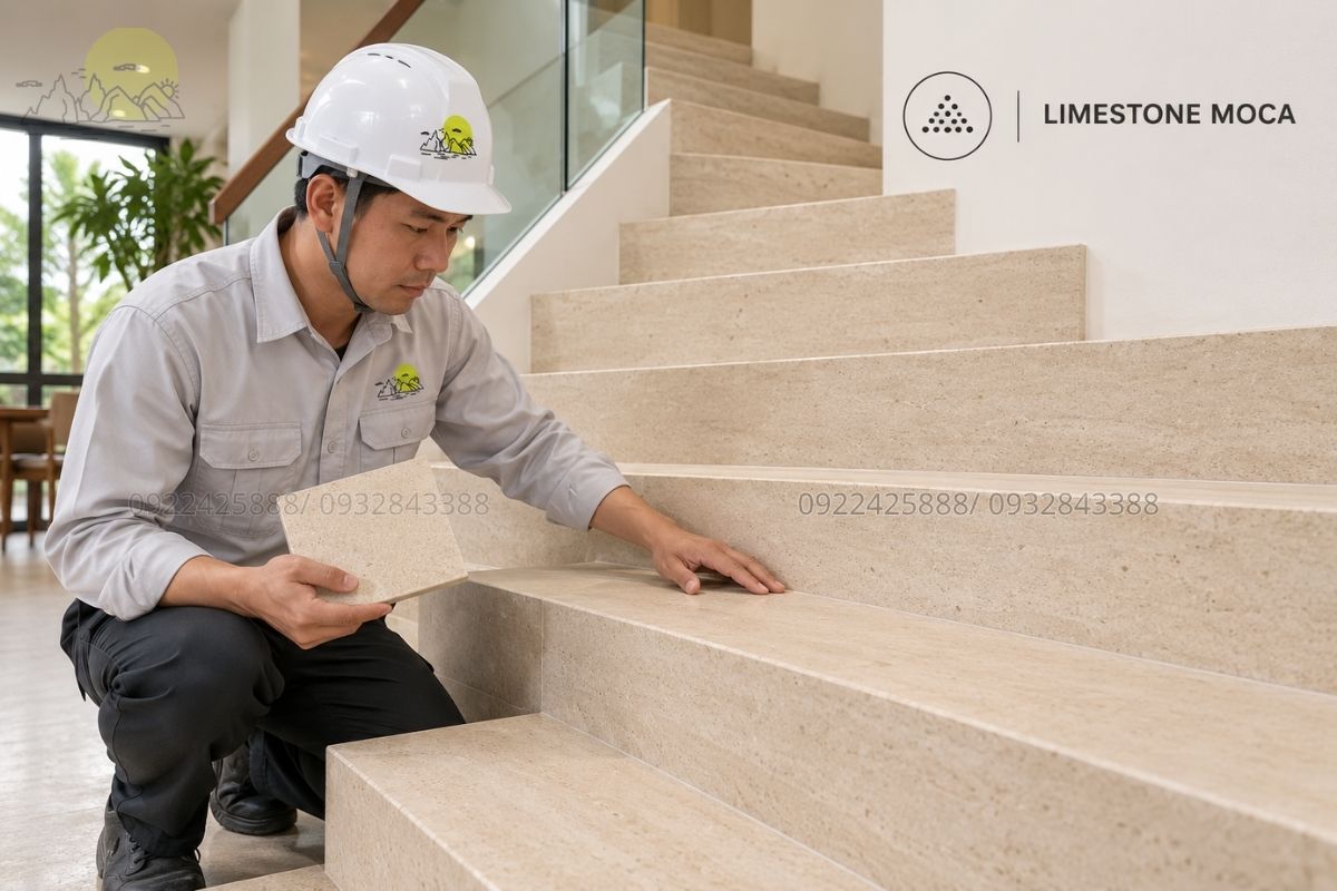 Cầu thang Limestone Moca màu kem.