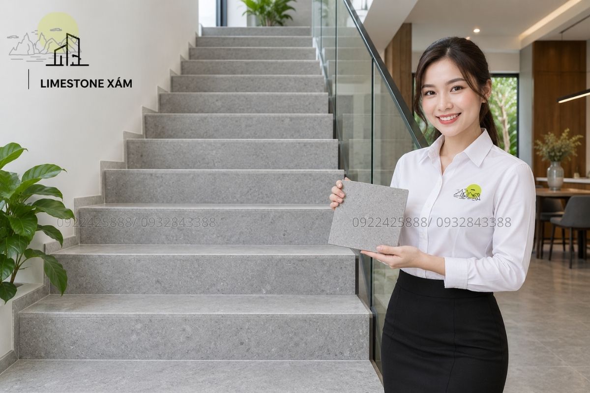 Cầu thang Limestone xám hiện đại.