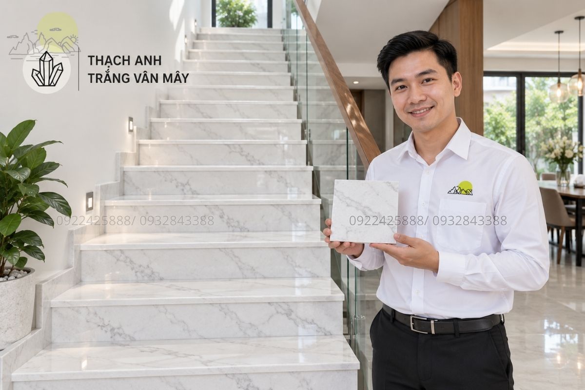 Cầu thang đá thạch anh trắng vân mây.