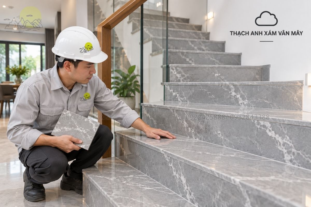 Cầu thang thạch anh xám vân mây.