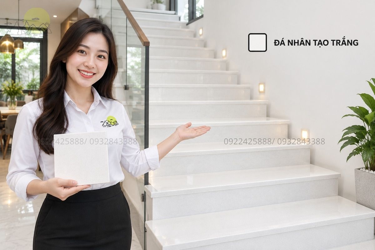 Cầu thang đá nhân tạo trắng tối giản.
