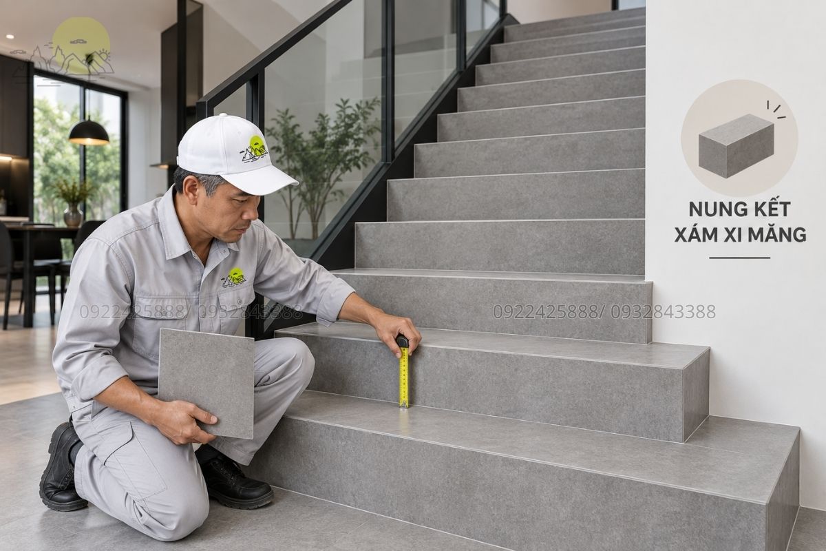 Cầu thang đá nung kết xám xi măng.
