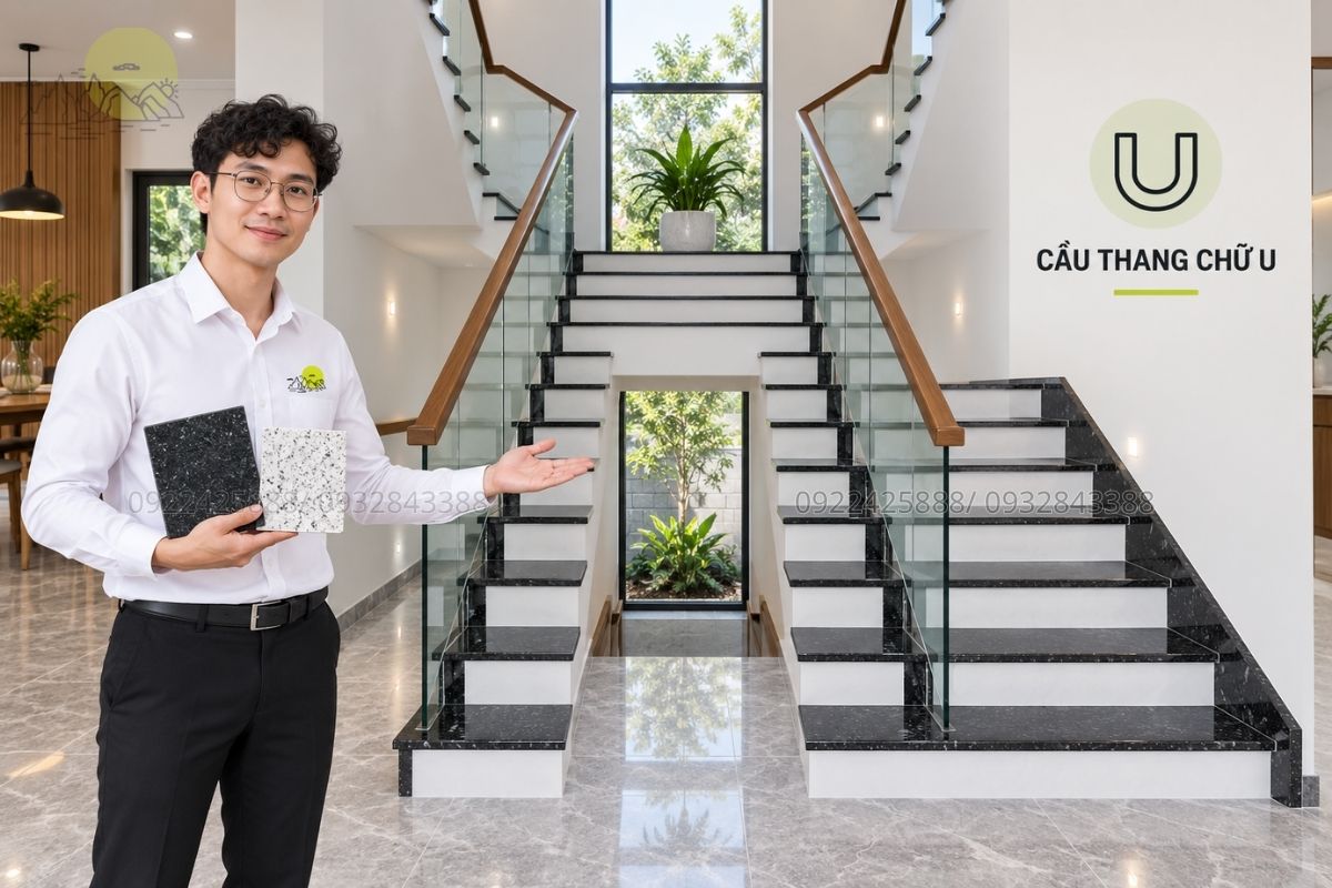 Cầu thang chữ U phối đá đen trắng.
