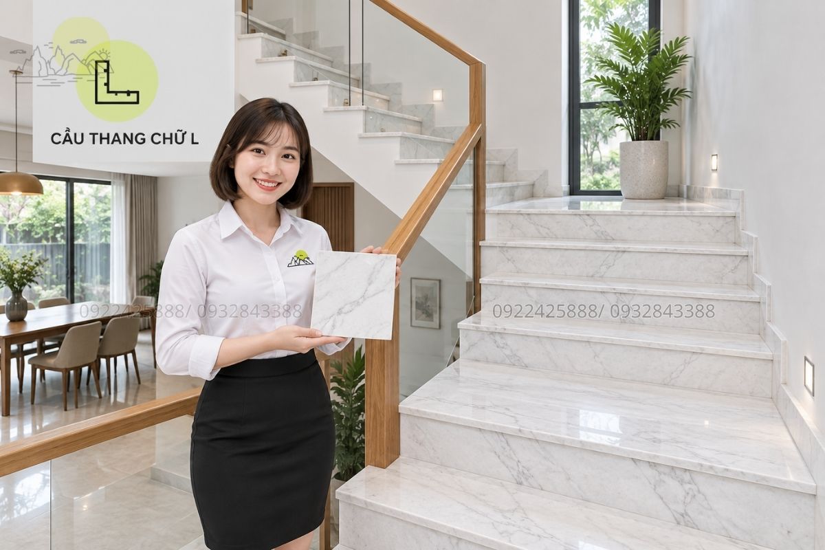 Mẫu đá trắng ốp cầu thang chữ L.