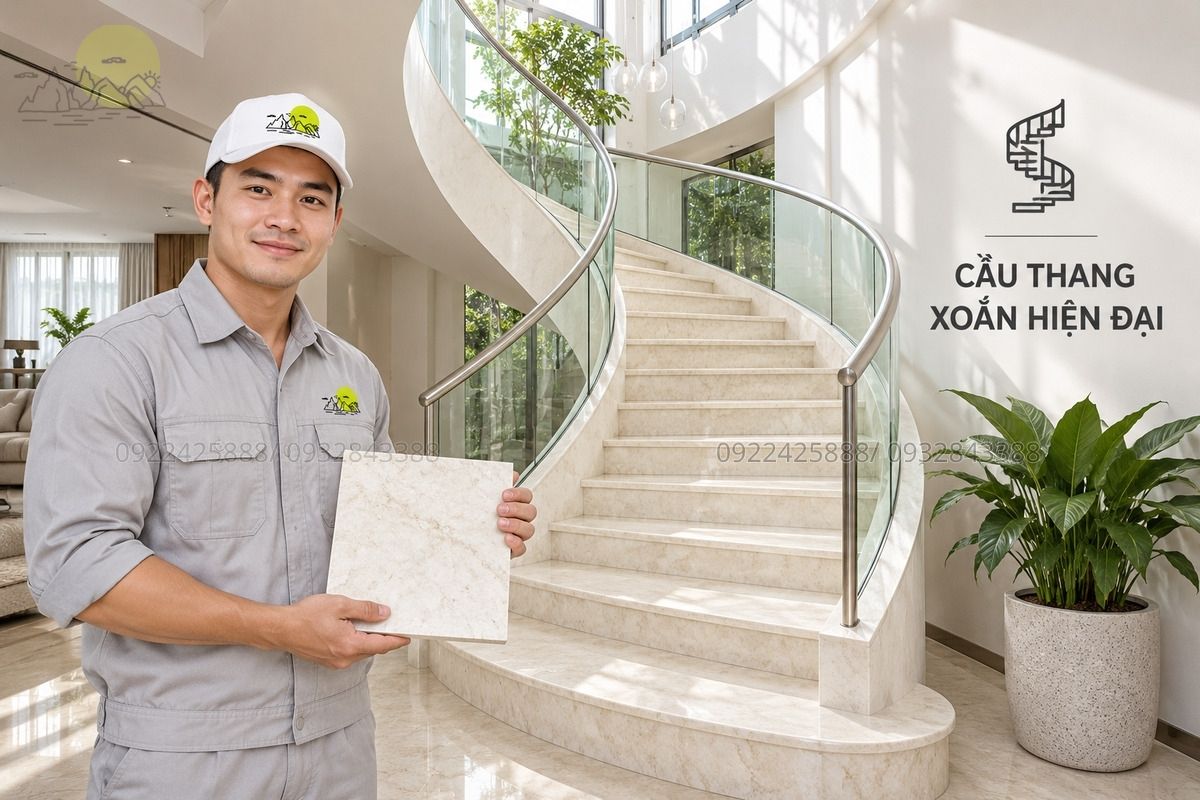 Mẫu đá sáng ốp cầu thang xoắn hiện đại.