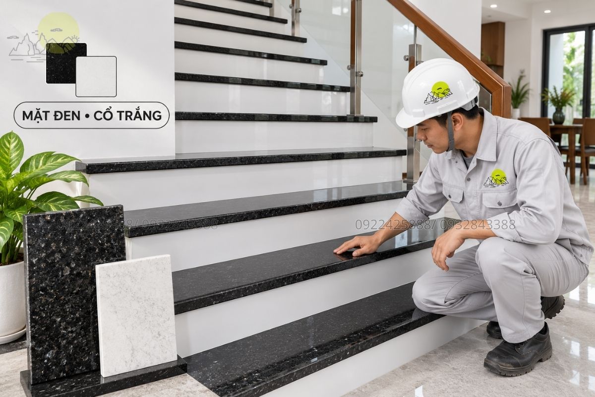 Mẫu cầu thang mặt đá đen phối cổ trắng.