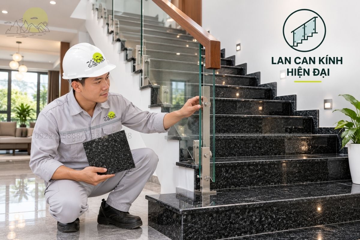 Cầu thang đá đen kết hợp lan can kính.