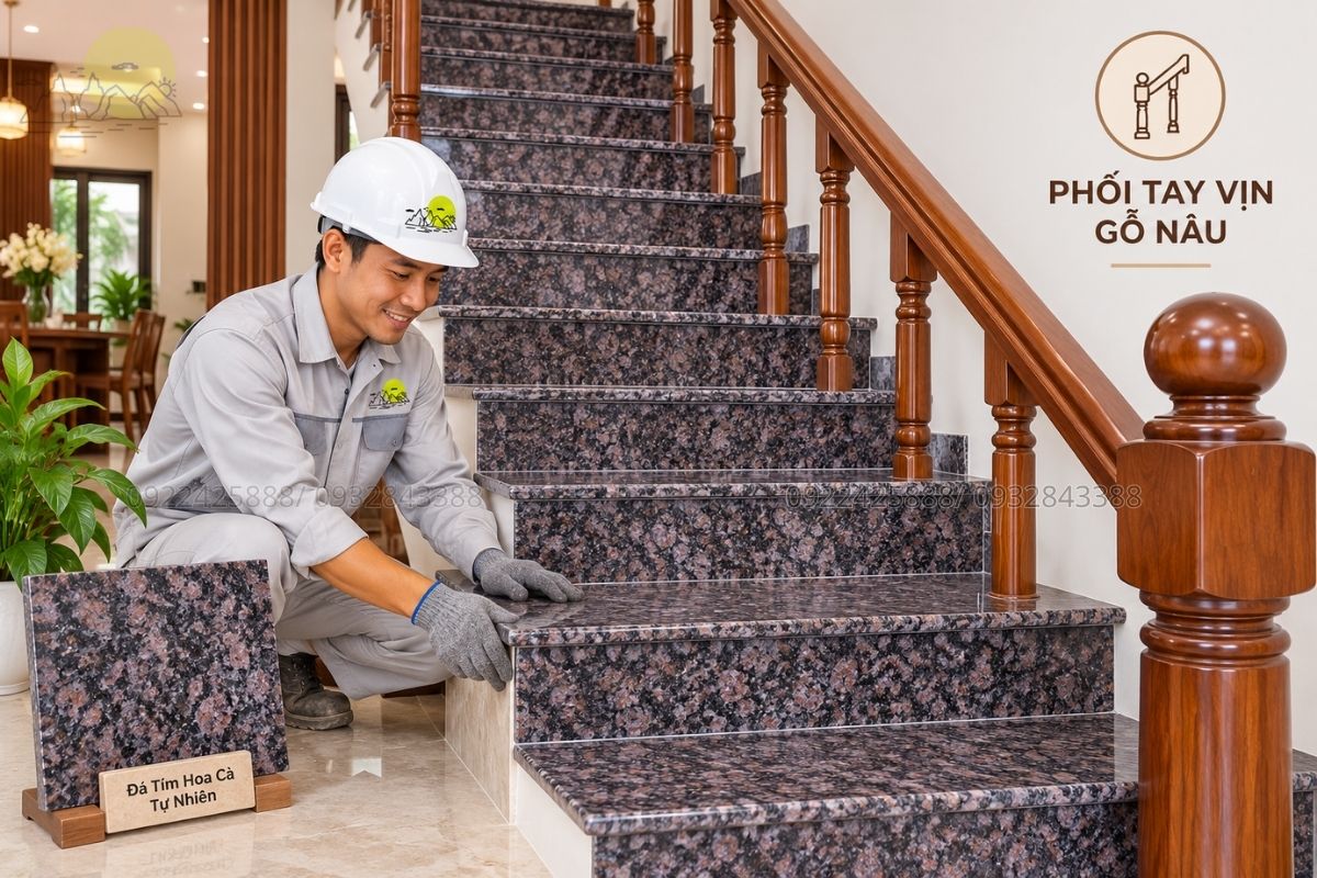 Đá Tím Hoa Cà phối tay vịn gỗ nâu.