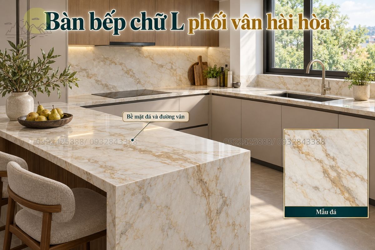 Bàn bếp chữ L phối vân hài hòa