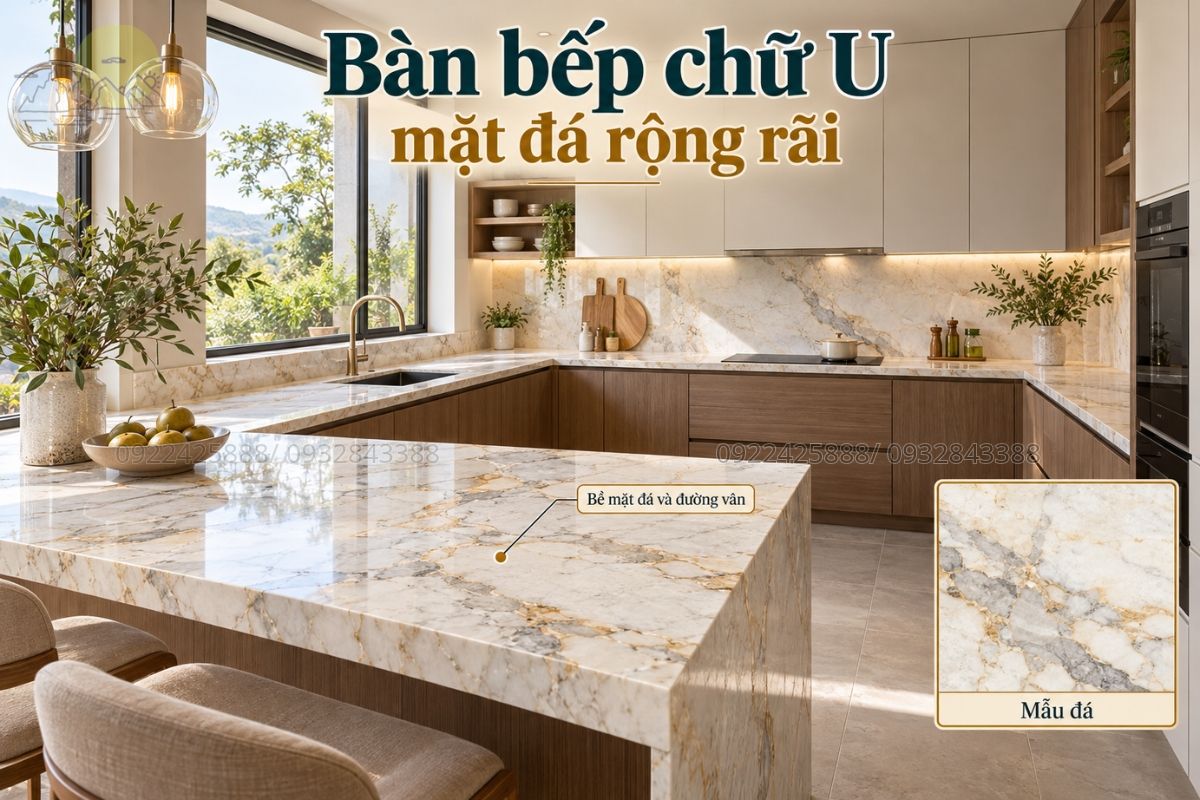 Bàn bếp chữ U mặt đá rộng rãi