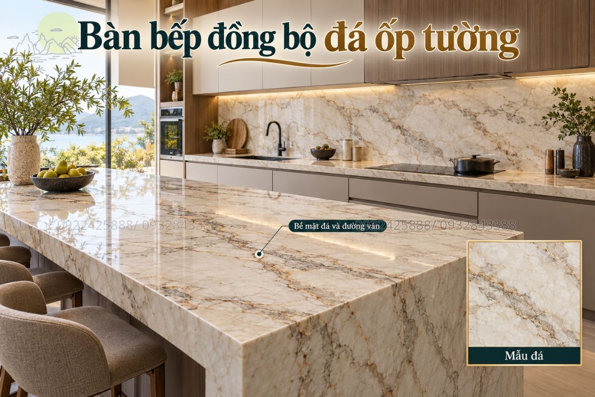 Bàn bếp đồng bộ đá ốp tường