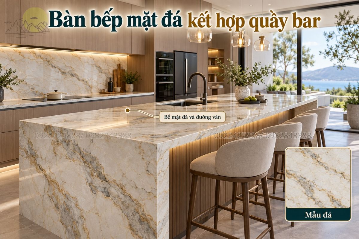 Bàn bếp mặt đá kết hợp quầy bar