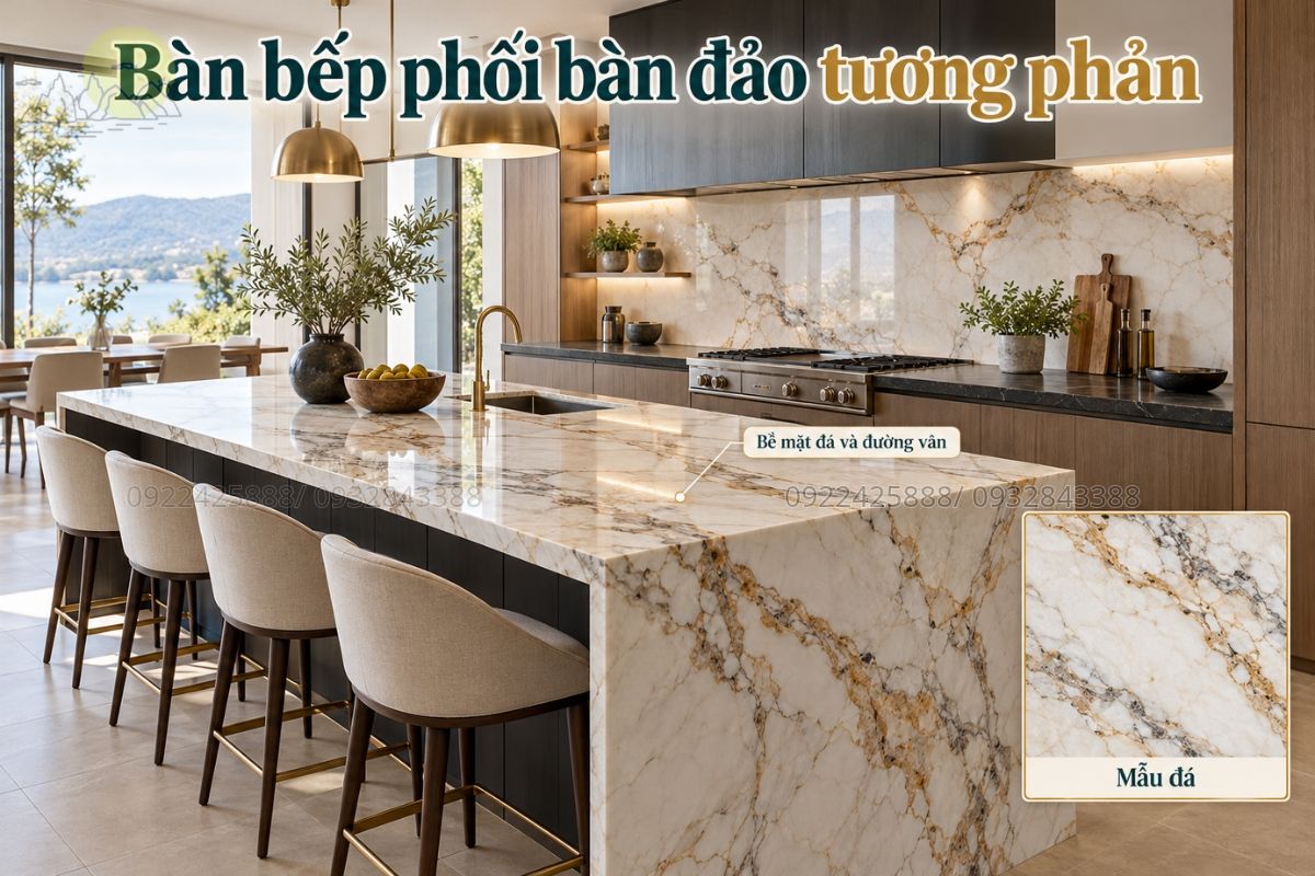 Bàn bếp phối bàn đảo tương phản