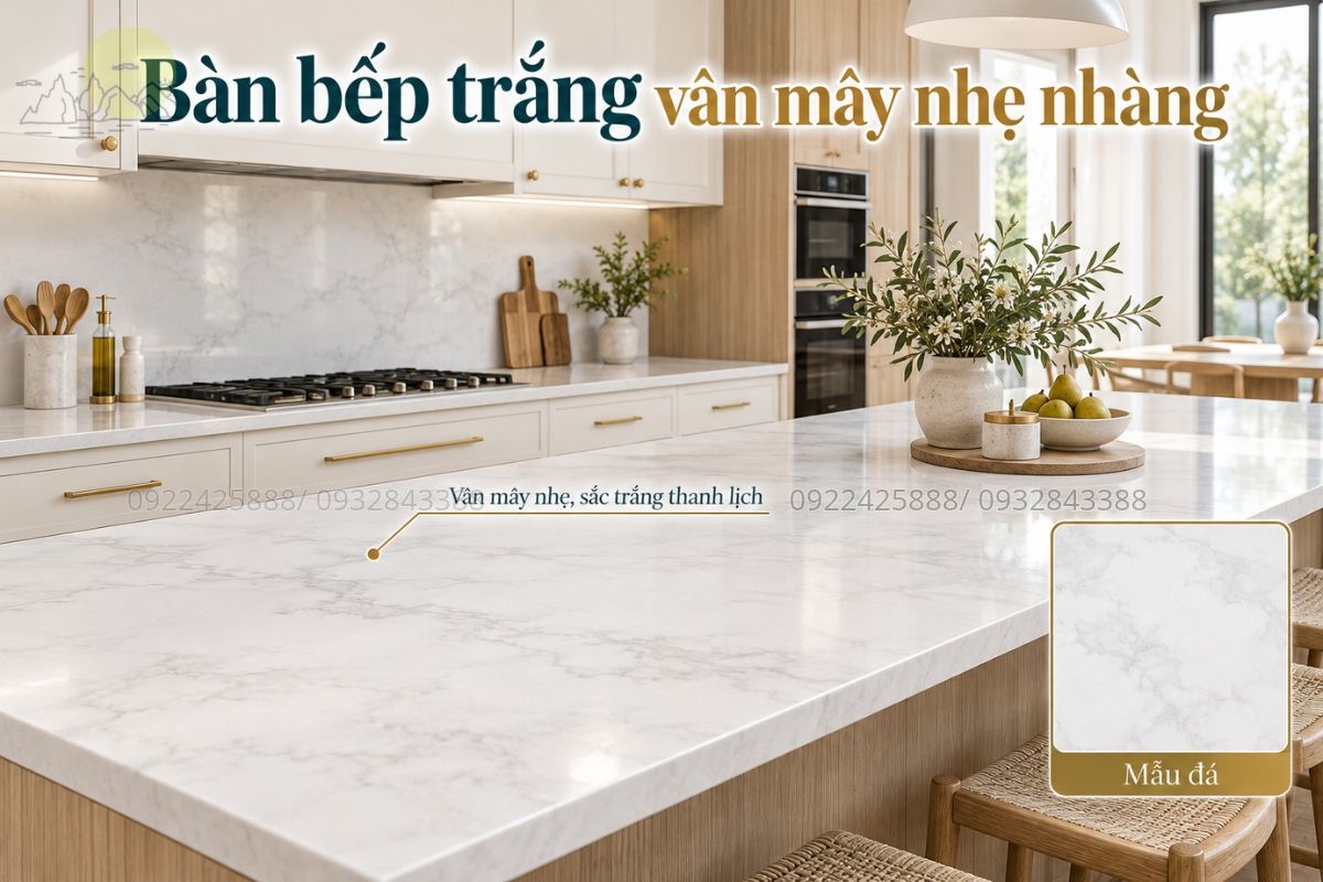 Bàn bếp trắng vân mây nhẹ nhàng