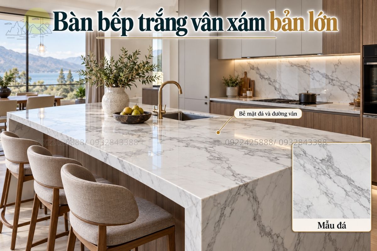 Bàn bếp trắng vân xám bản lớn