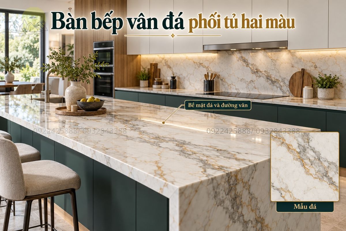 Bàn bếp vân đá phối tủ hai màu