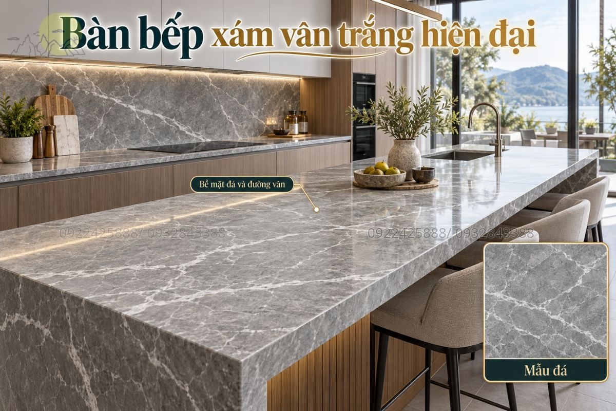 Bàn bếp xám vân trắng hiện đại