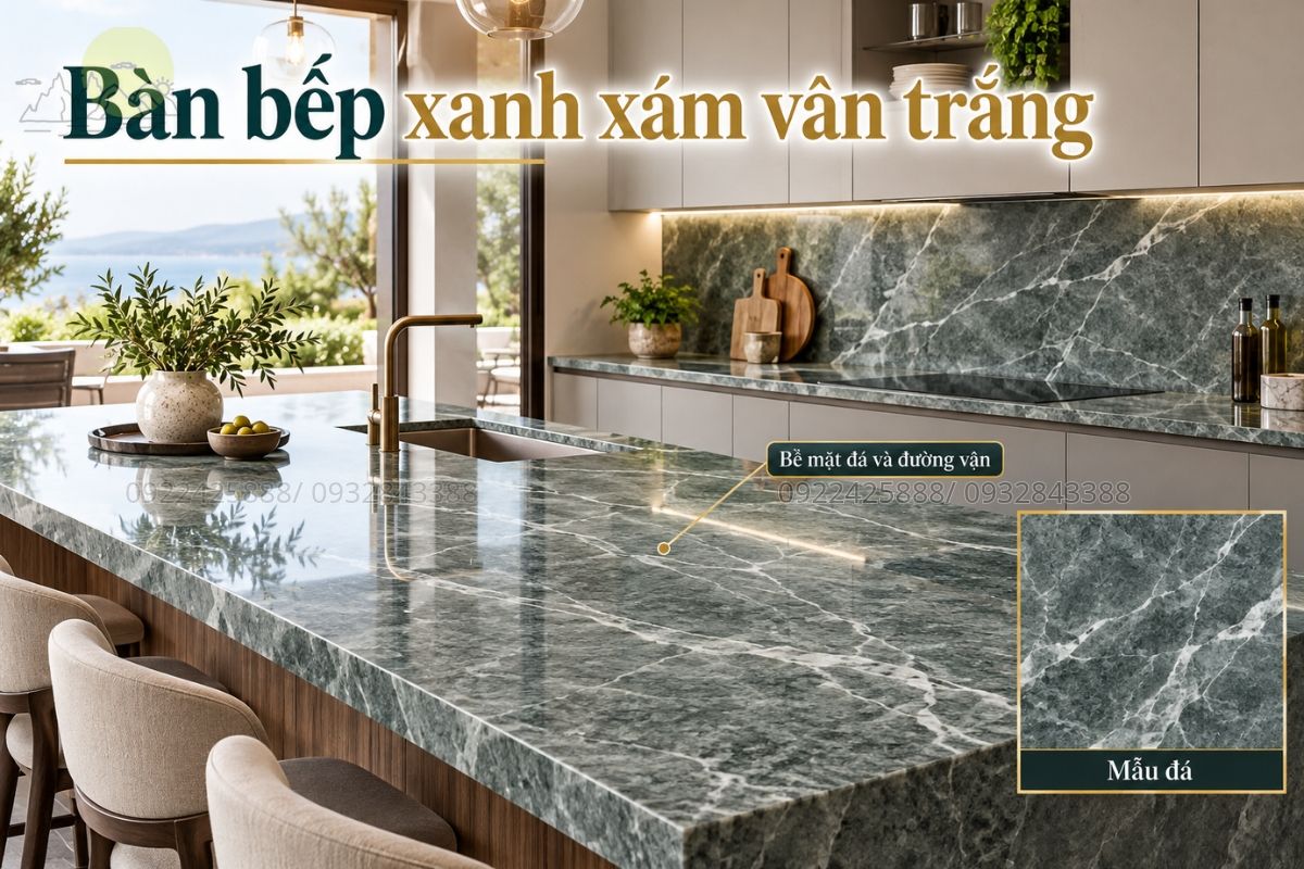 Bàn bếp xanh xám vân trắng