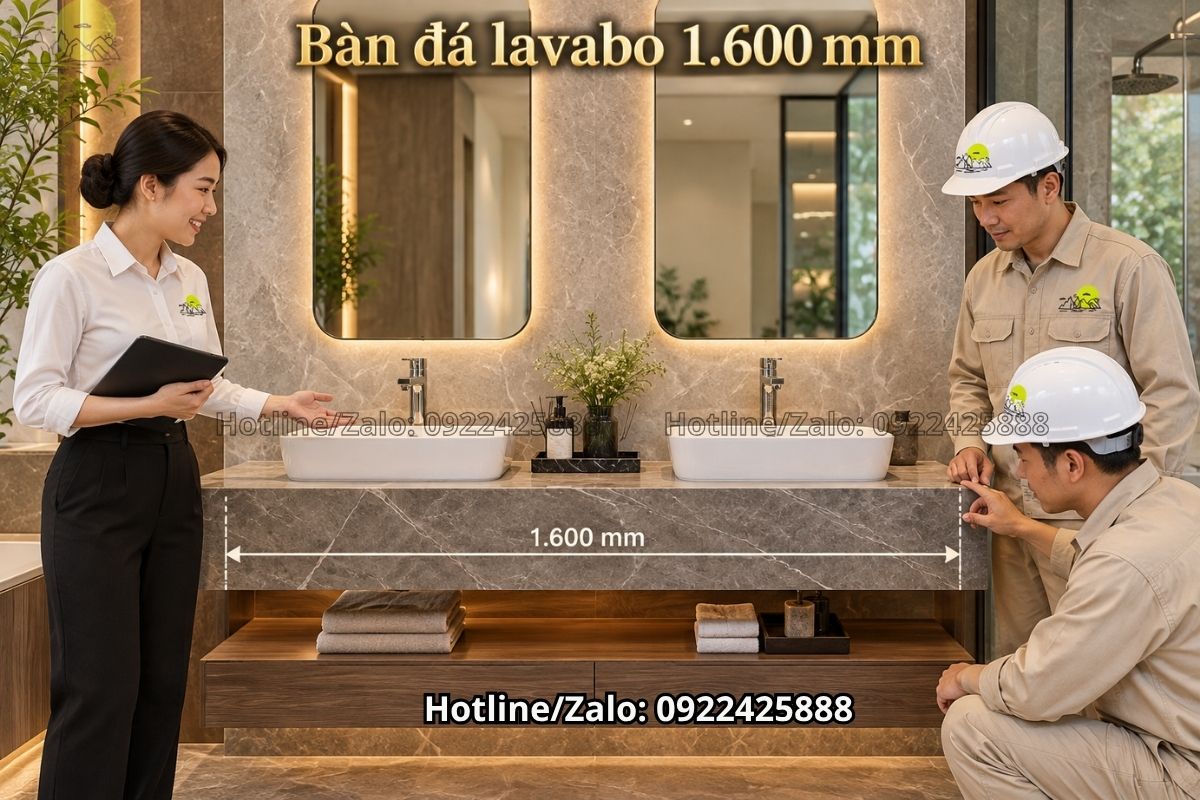 Bàn đá lavabo 1.600 mm bố trí hai chậu rửa