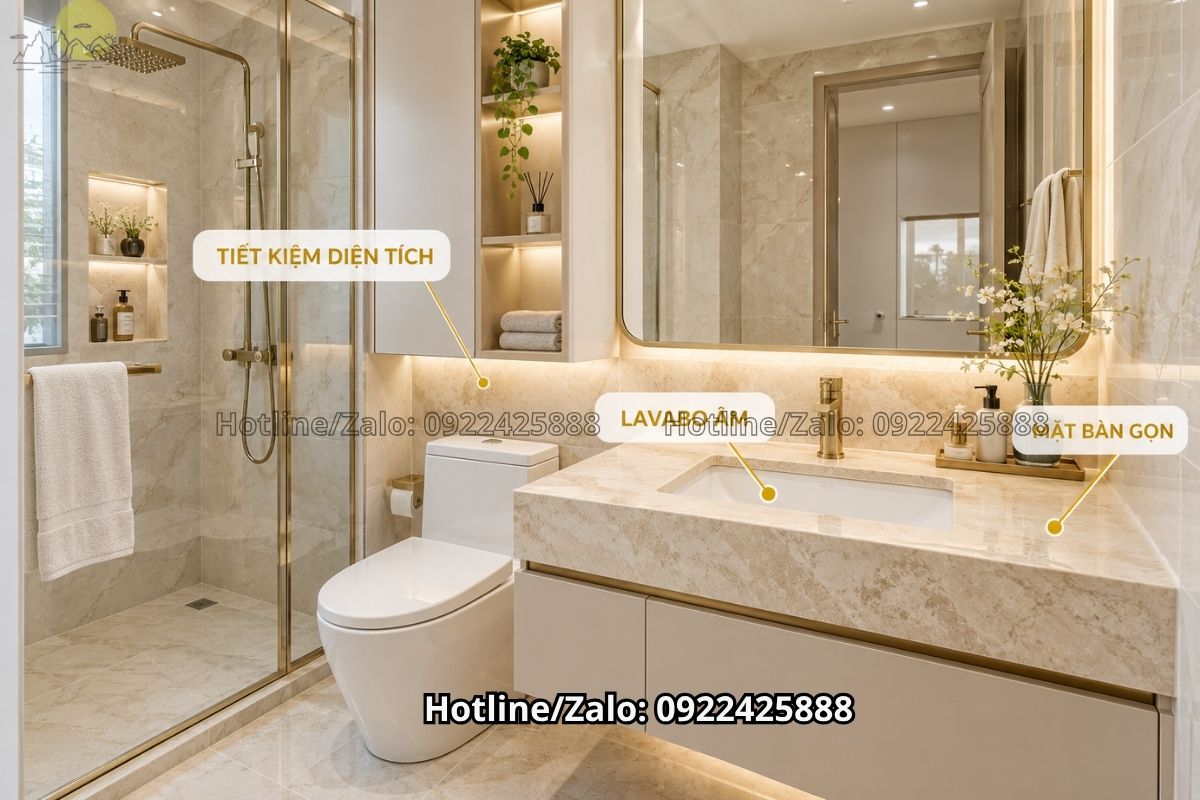 Bàn đá lavabo âm phù hợp với phòng tắm nhỏ hiện đại