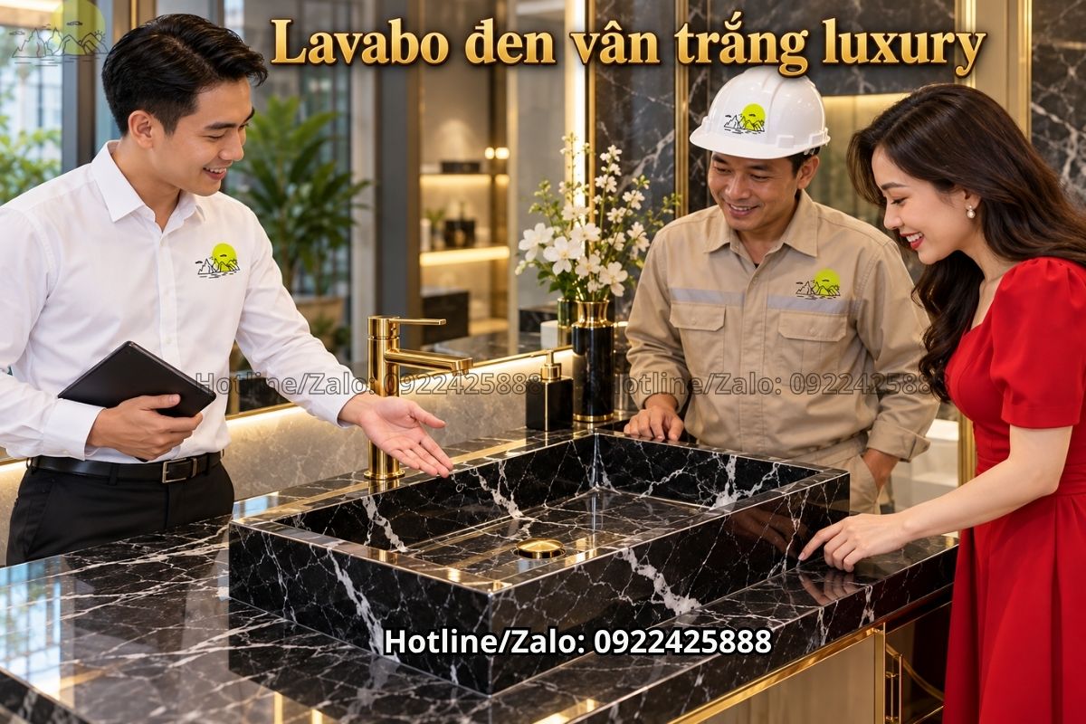 Mẫu bàn đá lavabo đen vân trắng phong cách luxury