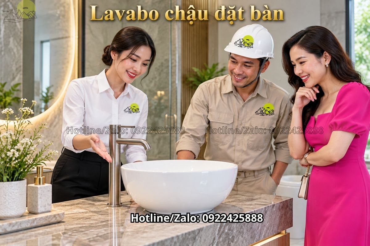 Mẫu bàn đá lavabo dương kết hợp chậu đặt bàn hiện đại