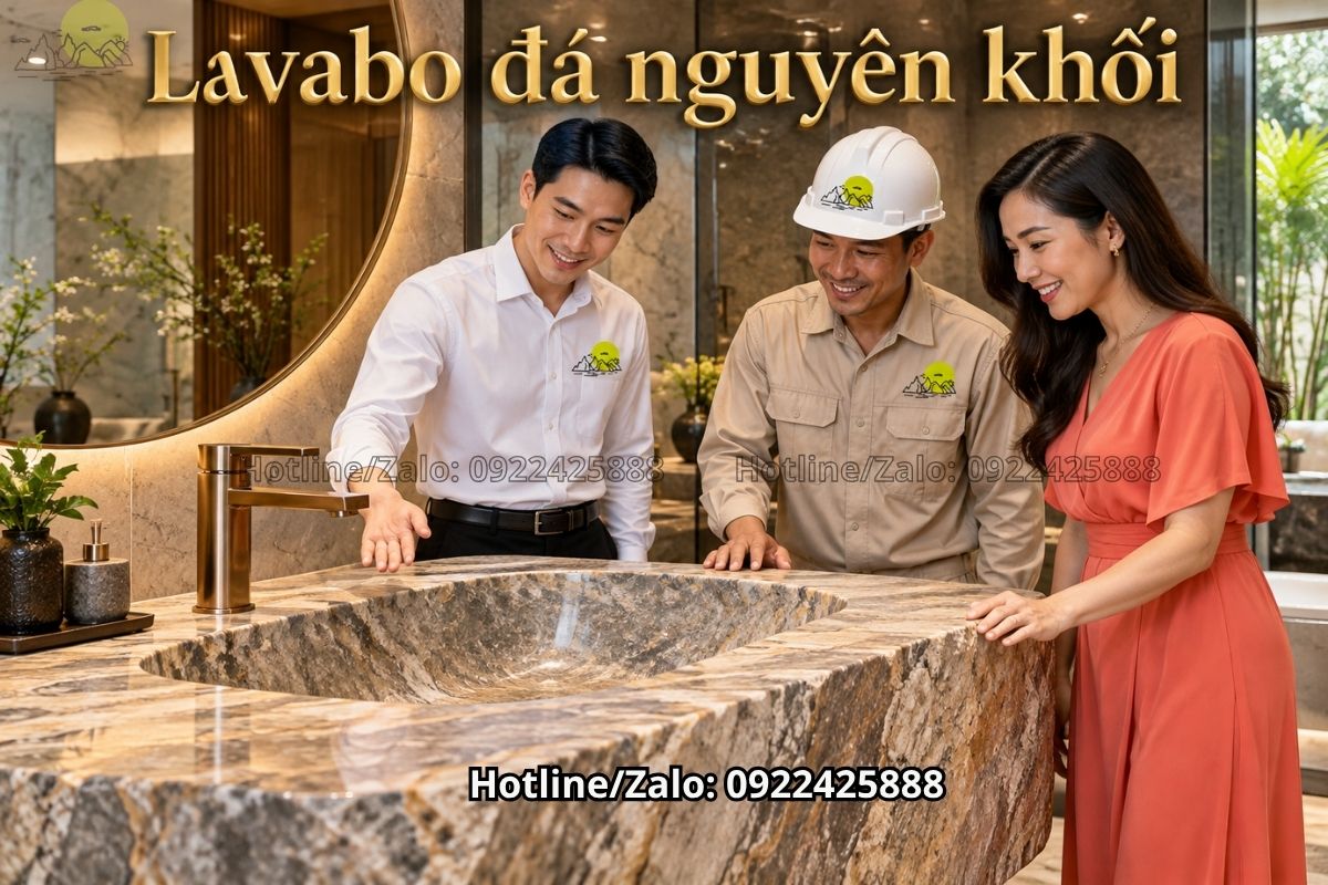 Bàn đá lavabo kết hợp tủ gỗ cho phòng tắm ấm áp