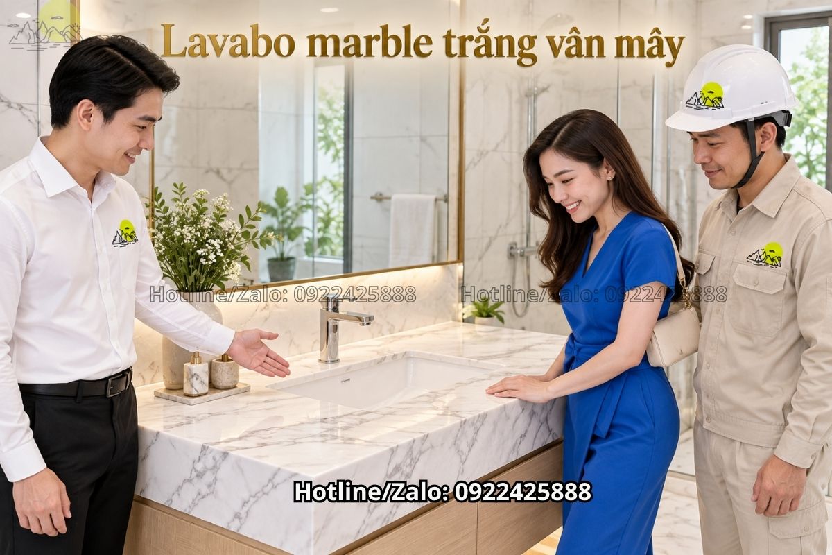 Mẫu bàn đá lavabo marble trắng vân mây cho phòng tắm hiện đại
