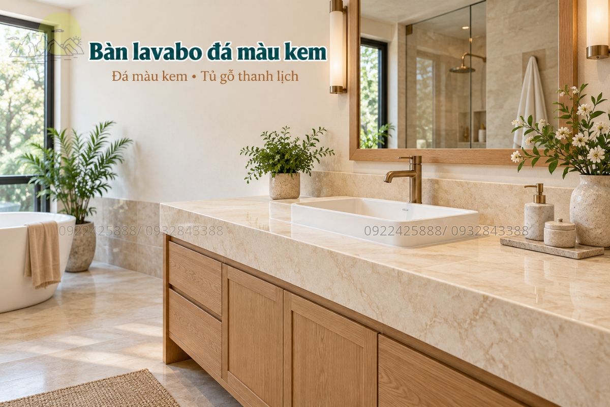 Bàn đá lavabo màu kem phối tủ gỗ thanh lịch